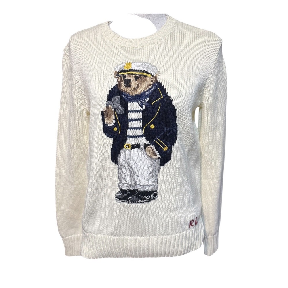 Rare NWT Polo Ralph Lauren Bear Crewneck Sweater Sz S White Sailor Captain